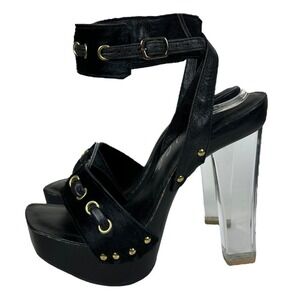 David C Couture Pony Hair Wooden Lucite Square Toe Made in USA Platform Heels 7